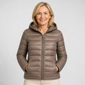 EMMA Ilona lightweight padded jacket in champagne, worn by a model