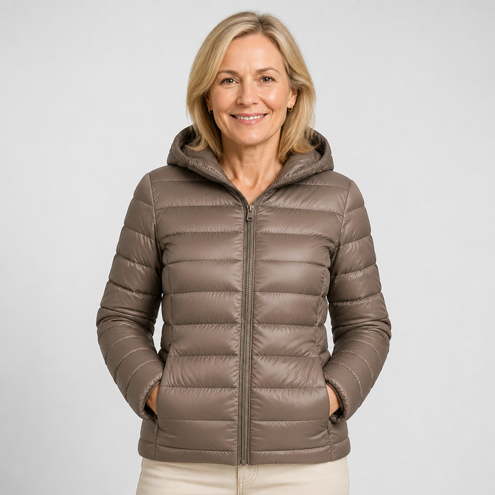 EMMA Ilona lightweight padded jacket in champagne, worn by a model