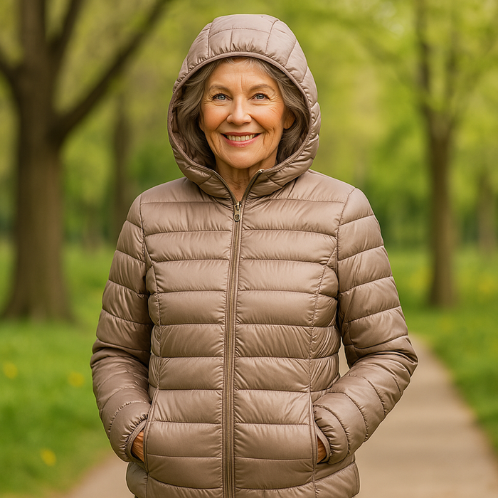 EMMA Ilona lightweight padded jacket in champagne, worn by a model outdoors