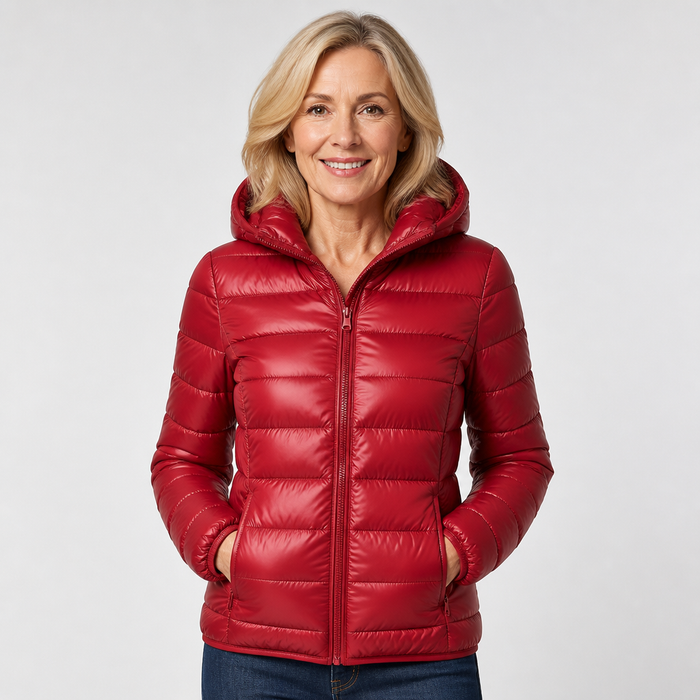 EMMA Ilona lightweight padded jacket in deep red, worn by a model