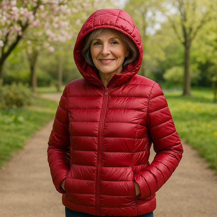 EMMA Ilona lightweight padded jacket in deep red, worn by a model outdoors