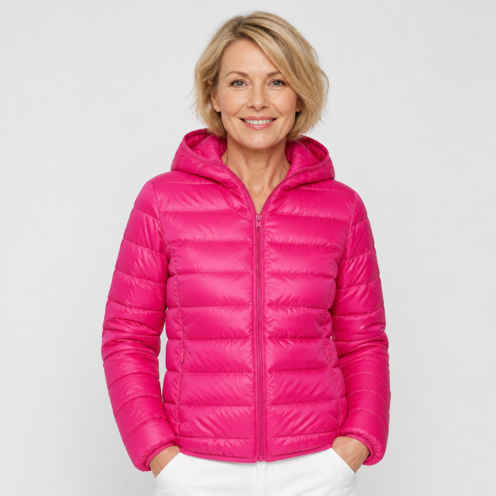 EMMA Ilona lightweight padded jacket in hot pink, worn by a model