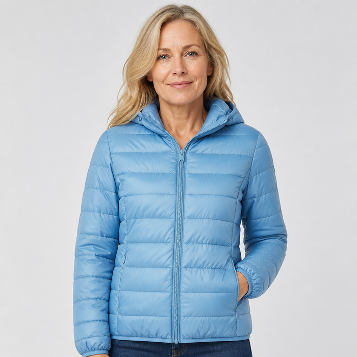 EMMA Ilona lightweight padded jacket in light blue, worn by a model