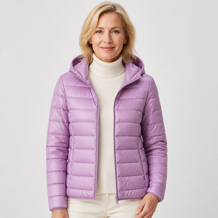 EMMA Ilona lightweight padded jacket in lilac, worn by a model