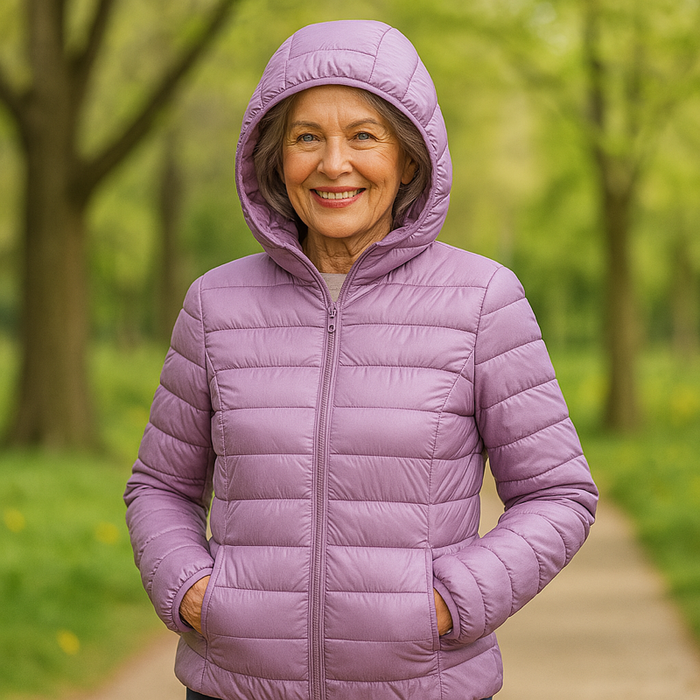 EMMA Ilona lightweight padded jacket in lilac, worn by a model outdoors