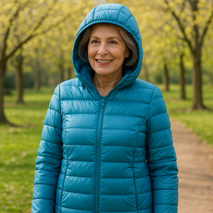 EMMA Ilona lightweight padded jacket in ocean blue, worn by a model outdoors