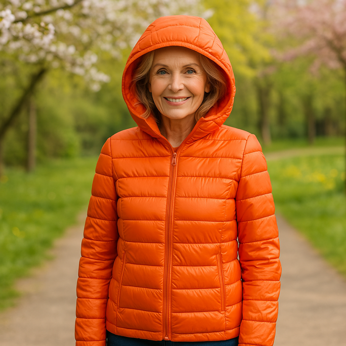 EMMA Ilona lightweight padded jacket in orange, worn by a model outdoors