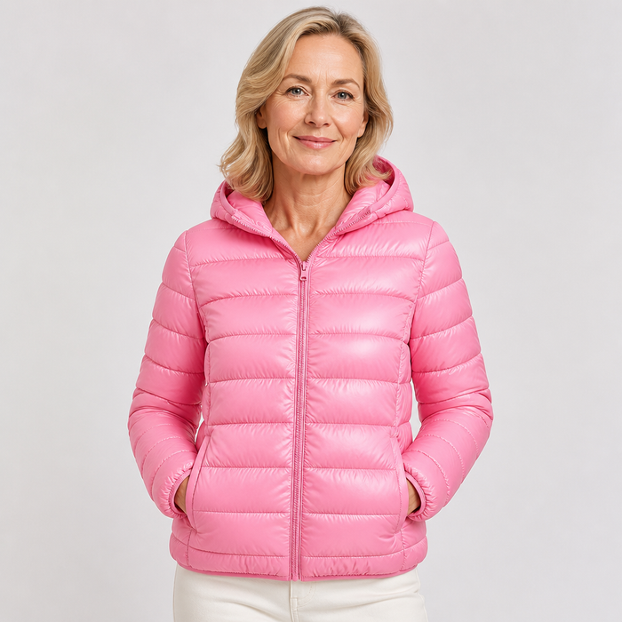 EMMA Ilona lightweight padded jacket in pink, worn by a model