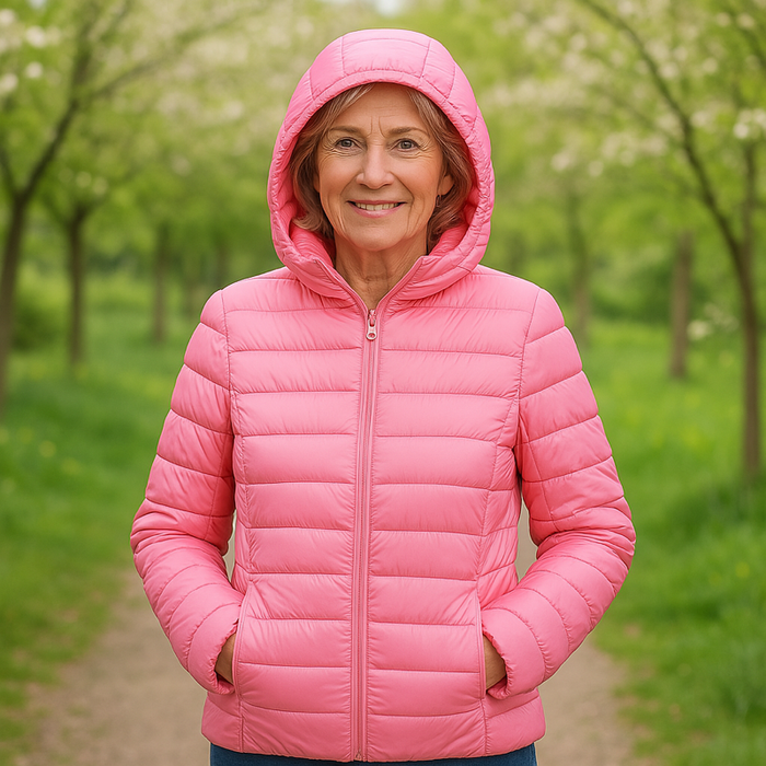 EMMA Ilona lightweight padded jacket in pink, worn by a model outdoors