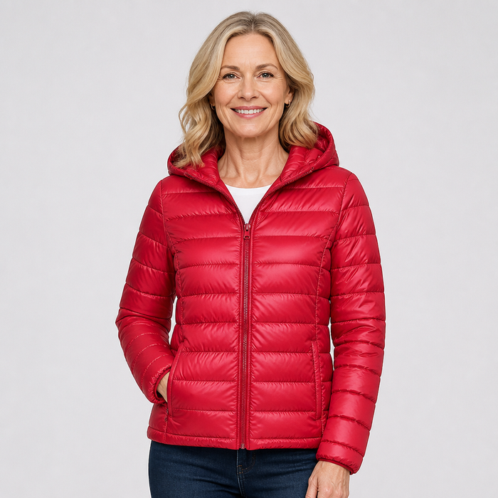 EMMA Ilona lightweight padded jacket in red, worn by a model