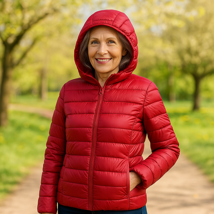 EMMA Ilona lightweight padded jacket in red, worn by a model outdoors