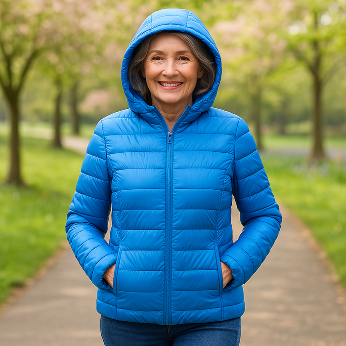 EMMA Ilona lightweight padded jacket in sky blue, worn by a model outdoors