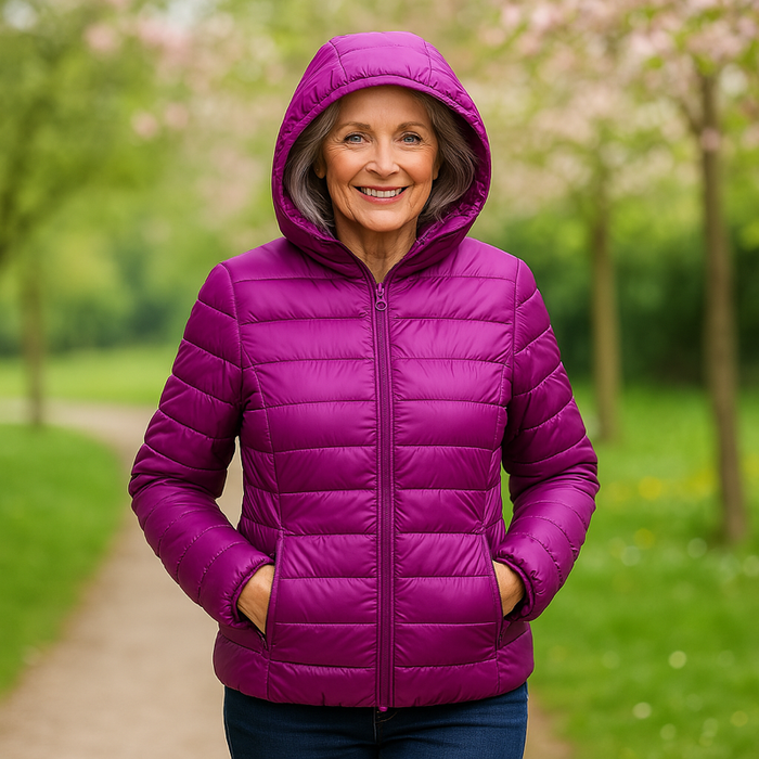 EMMA Ilona lightweight padded jacket in violet, worn by a model outdoors