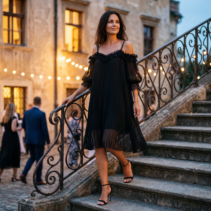 Woman in the Ilta black chiffon dress arriving at an evening event on lit stone steps at dusk