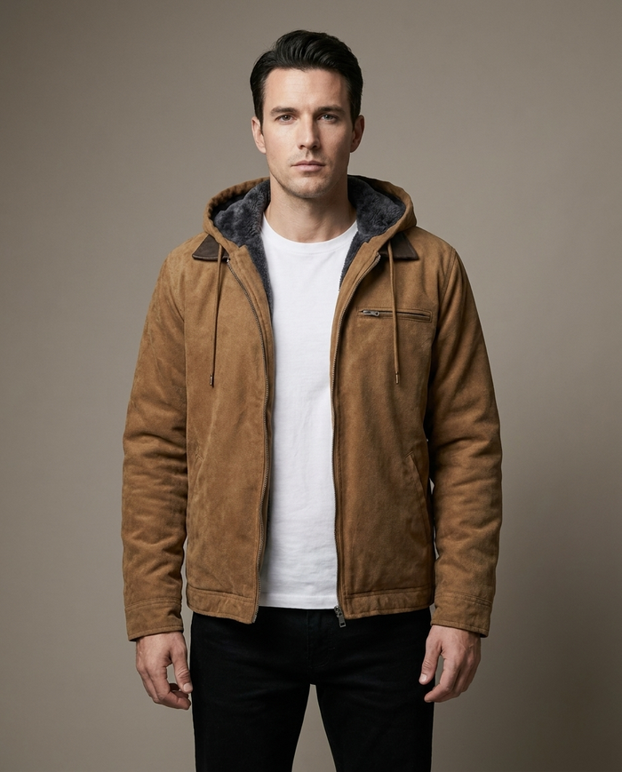 Camel hooded winter jacket with leather collar and shearling lining