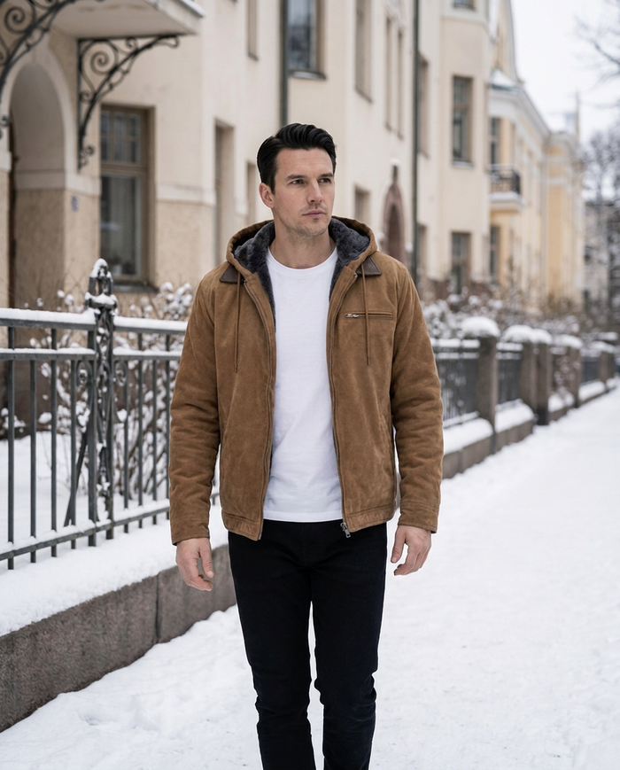 Camel shearling-lined jacket worn on a snowy Eira street in Helsinki
