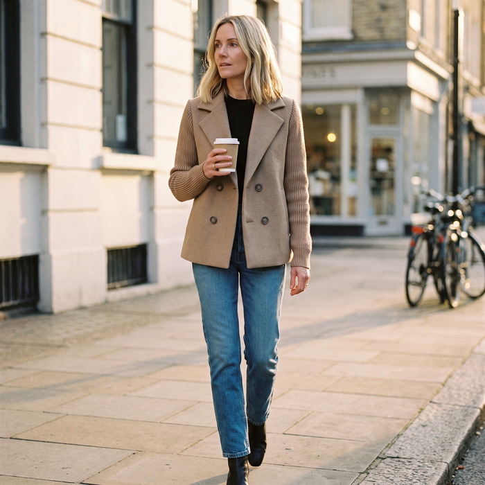 Ioanna Knit Blazer - woman on city street, golden hour lifestyle mood