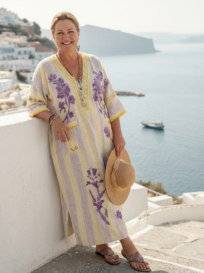 Iris | Striped Florales with V-Neck and Sleeve Semilarga Maxi Dress