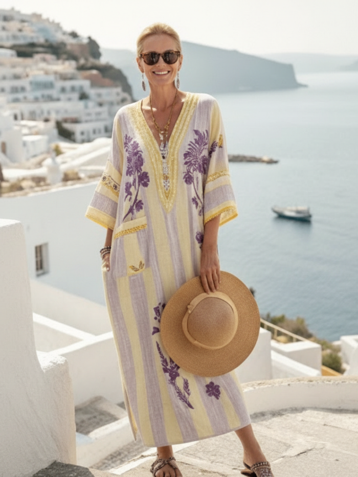 Iris | Striped Florales with V-Neck and Sleeve Semilarga Maxi Dress