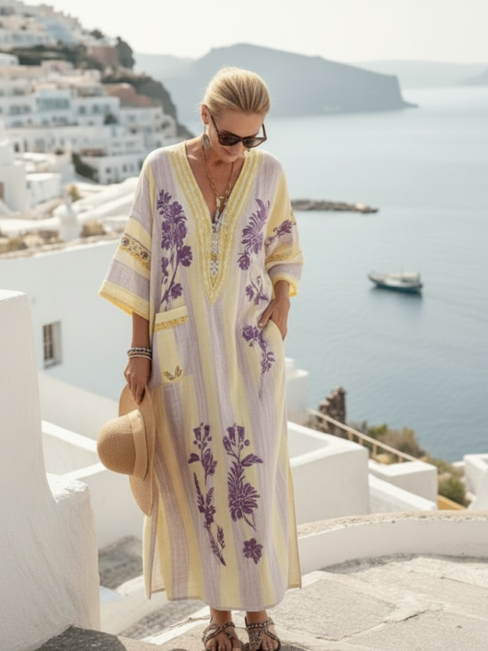 Iris | Striped Florales with V-Neck and Sleeve Semilarga Maxi Dress