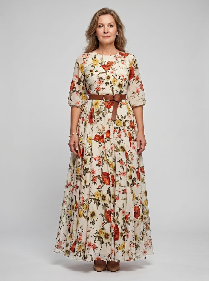 Isabelle | Belted, Neckline Round and Sleeve Three Quarter Maxi Dress