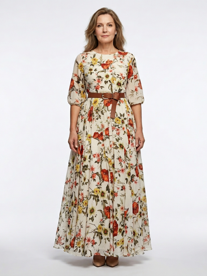 Isabelle | Belted, Neckline Round and Sleeve Three Quarter Maxi Dress