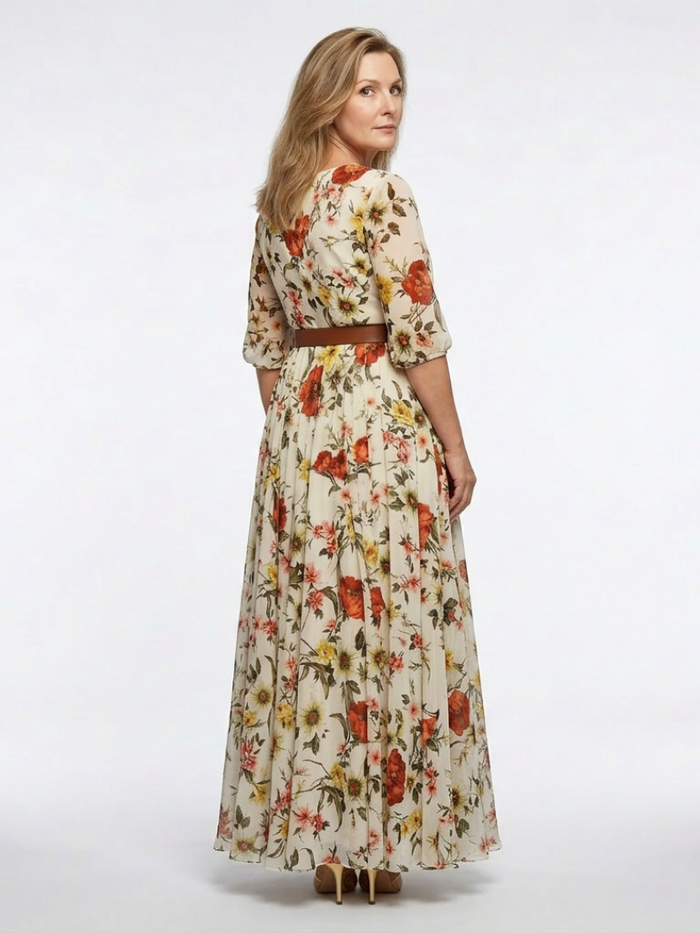 Isabelle | Belted, Neckline Round and Sleeve Three Quarter Maxi Dress