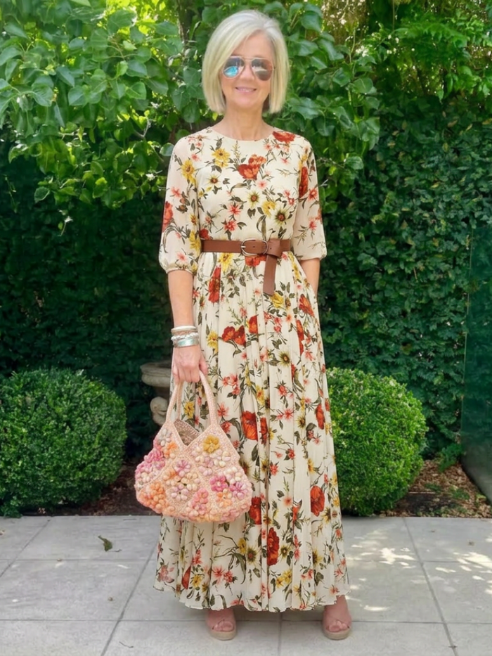 Isabelle | Belted, Neckline Round and Sleeve Three Quarter Maxi Dress