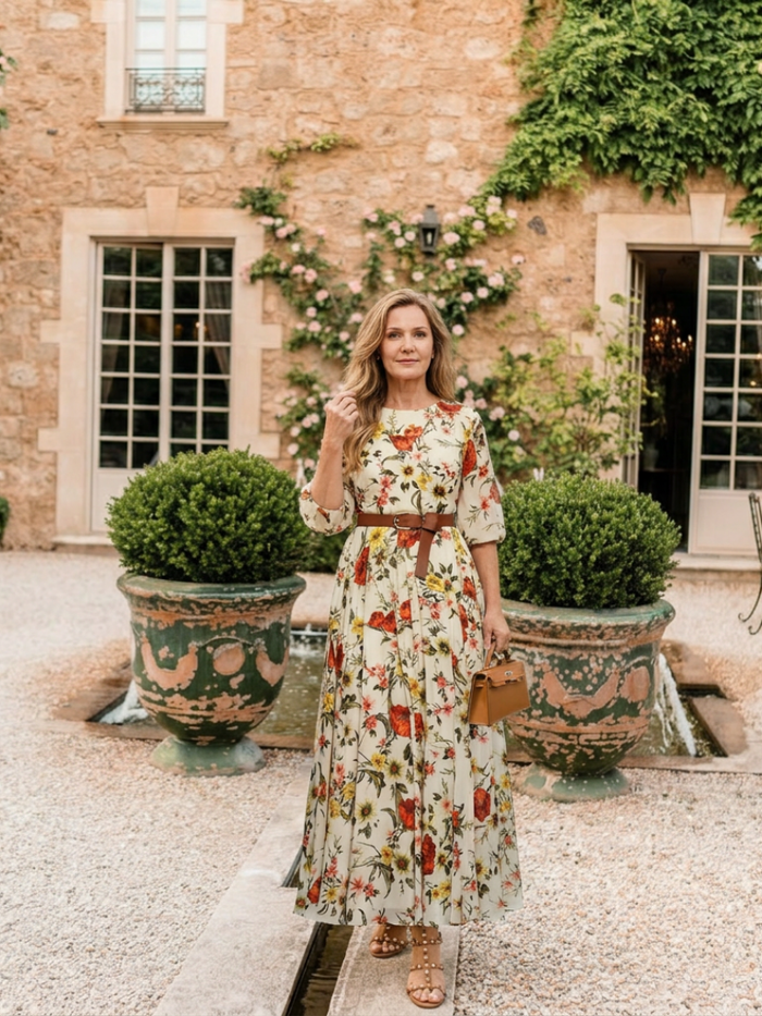 Isabelle | Belted, Neckline Round and Sleeve Three Quarter Maxi Dress
