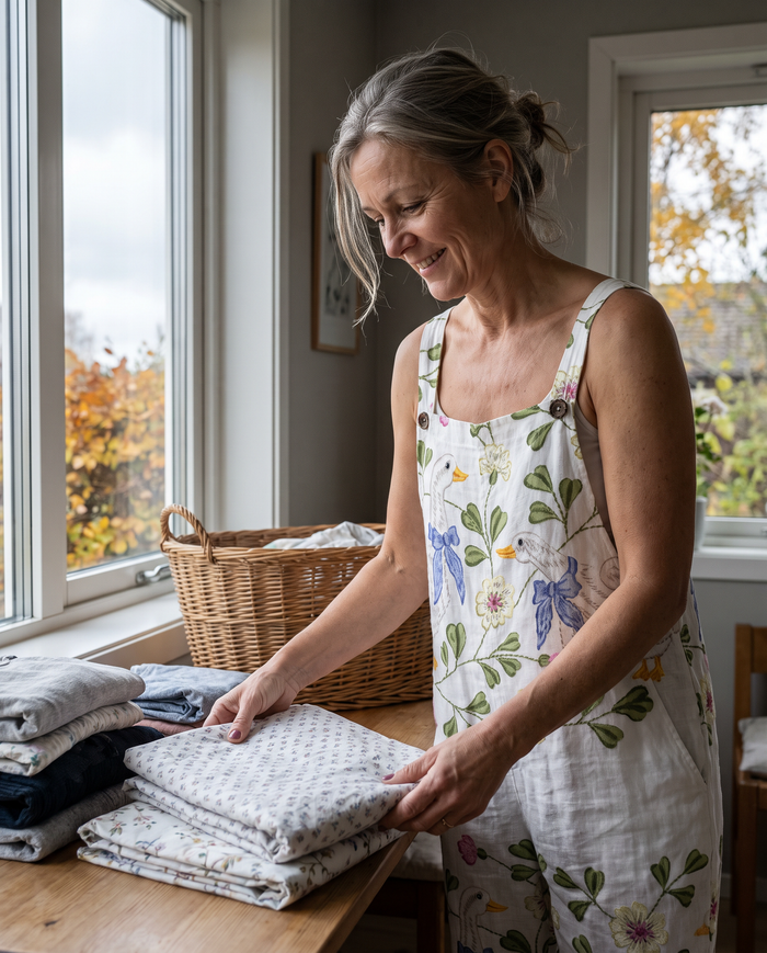 Janika printed wide-leg jumpsuit worn at home
