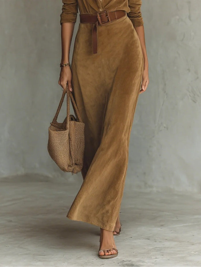 Juline | Effect Suede with Lapel Maxi Dress