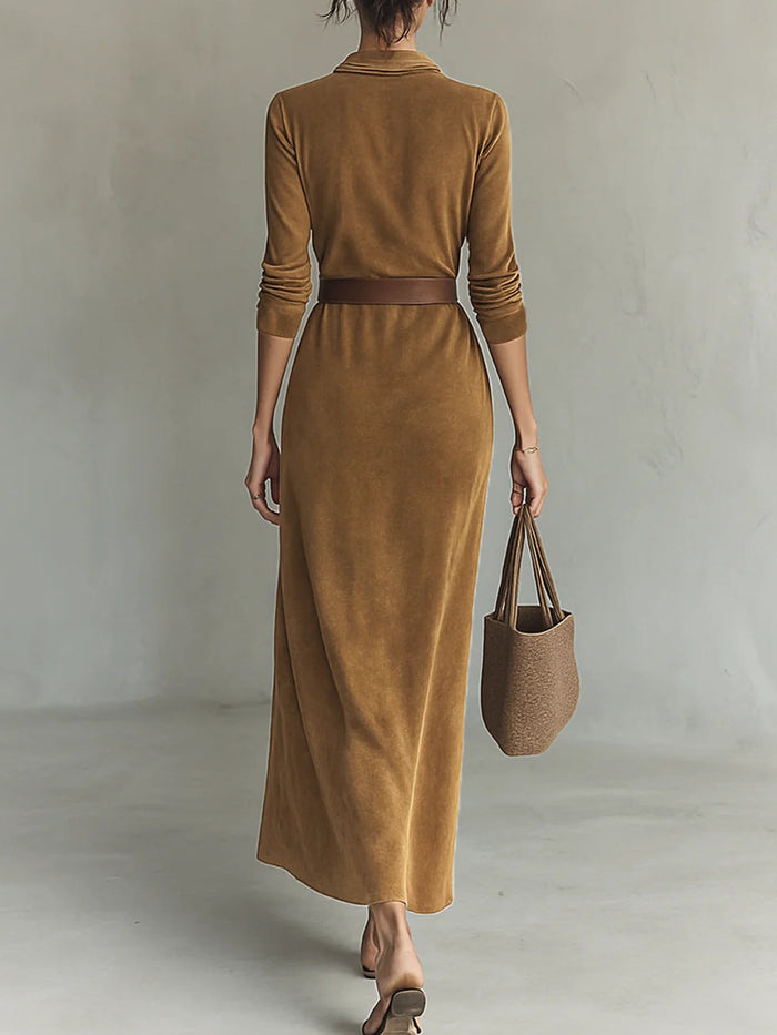 Juline | Effect Suede with Lapel Maxi Dress