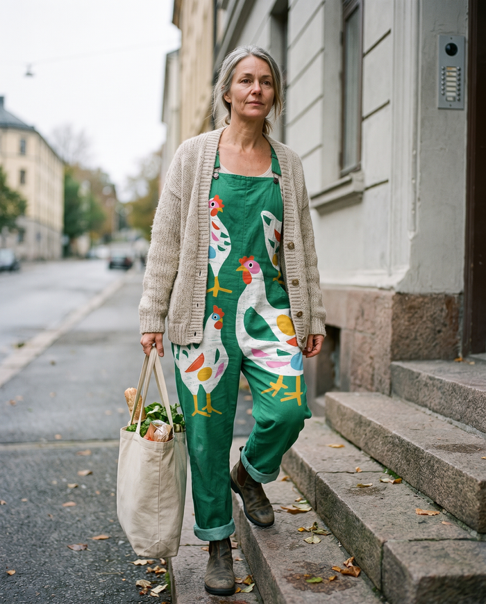 Kaija printed wide-leg jumpsuit worn carrying groceries home