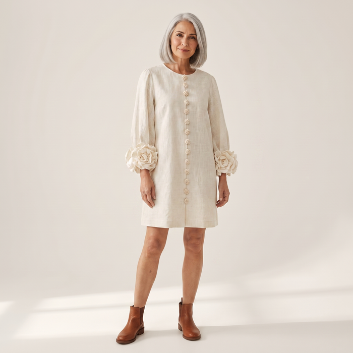 Woman wearing the Kaisla off-white linen shift dress with knot buttons and 3D floral cuffs, front view