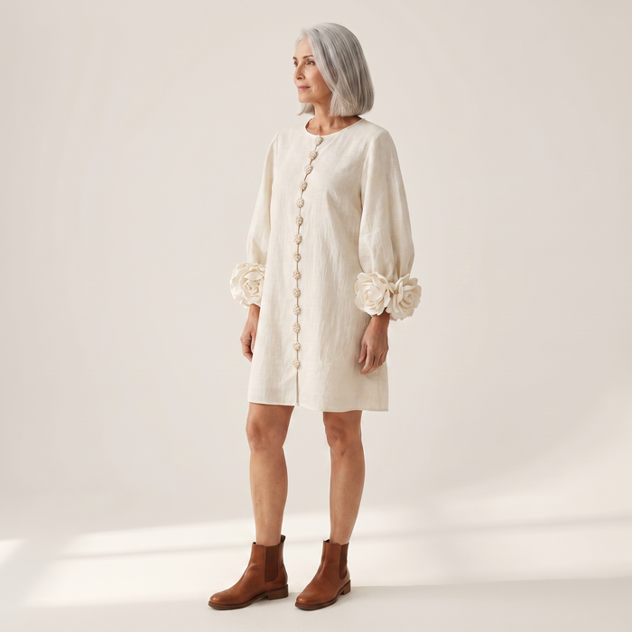 Kaisla linen shift dress seen from the side, showing the loose shift cut and lantern sleeve