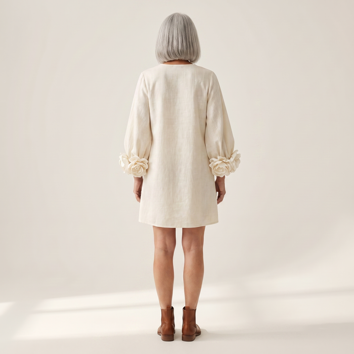 Back view of the Kaisla linen shift dress, showing the plain back panel and above-knee length