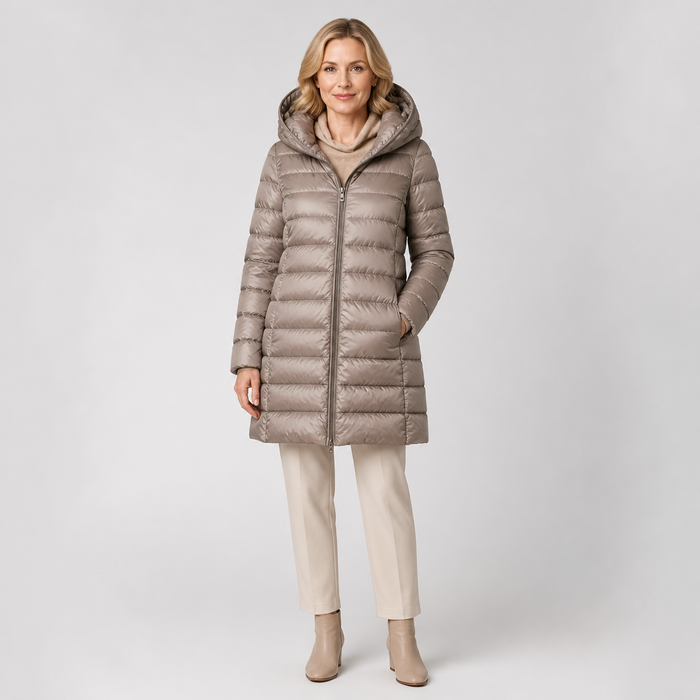 EMMA Kaisla longline hooded padded coat, worn by a model