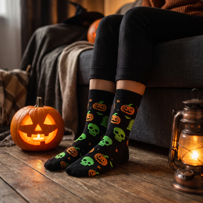 Kalmisto pumpkin and skull Halloween crew socks worn beside a glowing carved pumpkin and a lantern