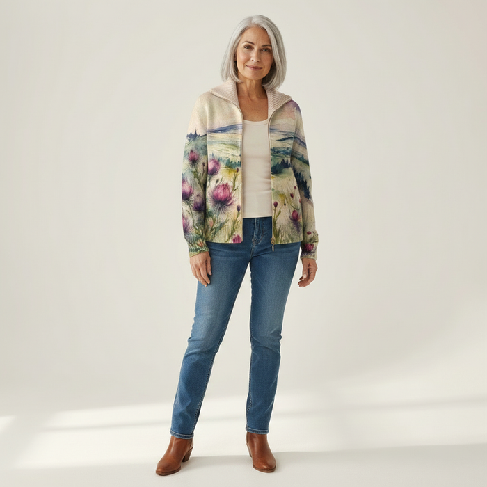 Kanerva - Thistle & Landscape Zip Cardigan