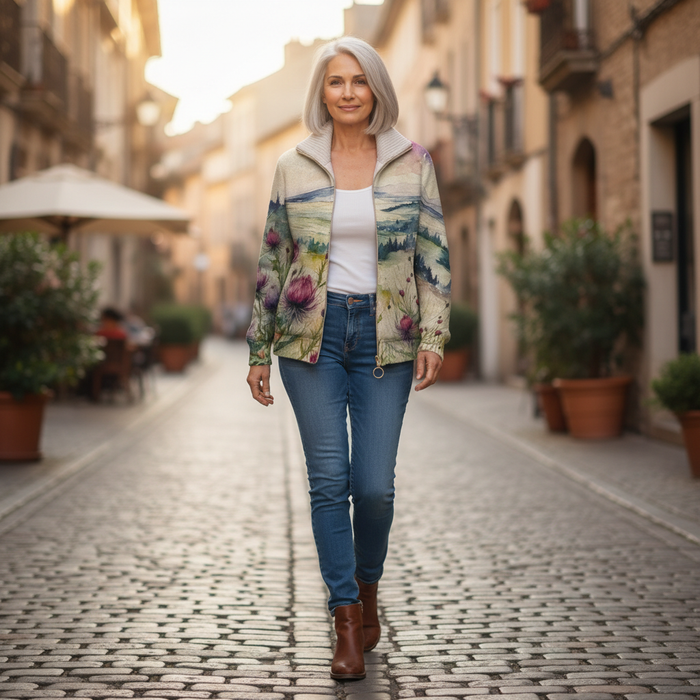 Kanerva - Thistle & Landscape Zip Cardigan