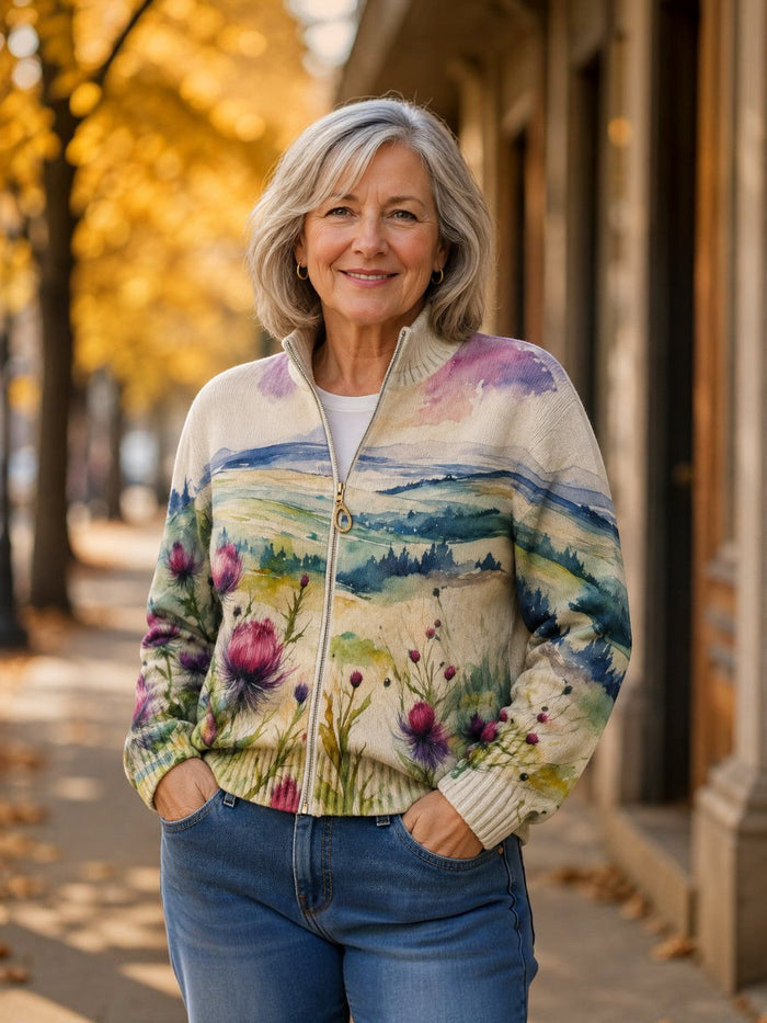 Kanerva - Thistle & Landscape Zip Cardigan
