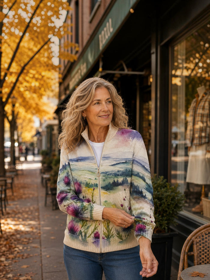 Kanerva - Thistle & Landscape Zip Cardigan
