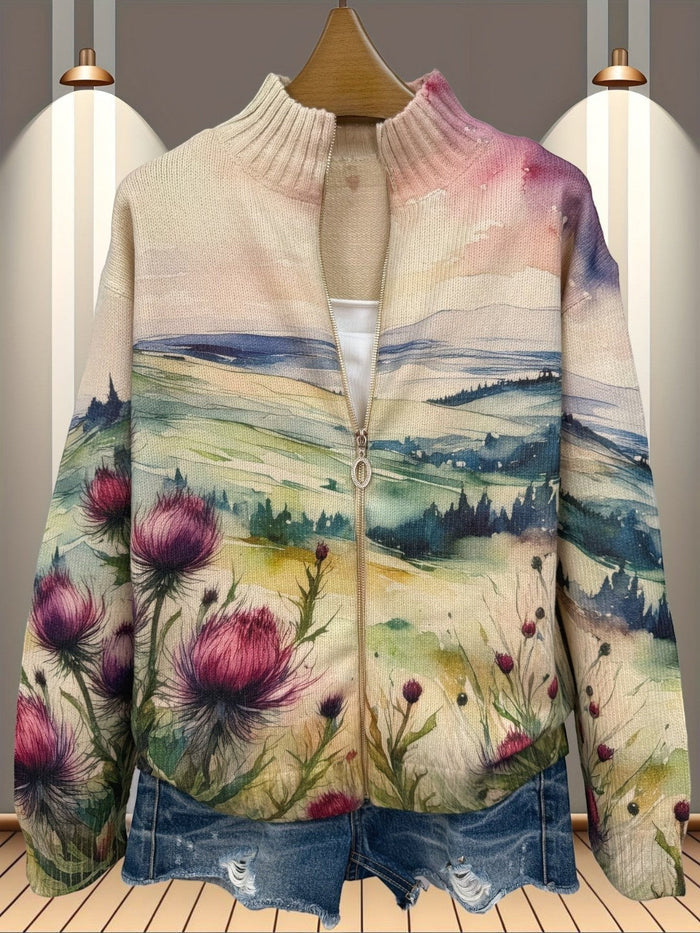 Kanerva - Thistle & Landscape Zip Cardigan