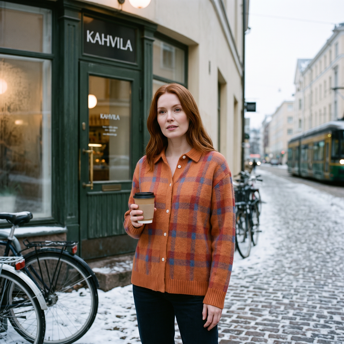 Katerina jumper worn outside a Helsinki cafe in winter