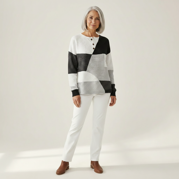 Katri - Monochrome Colour-Block Waffle Henley