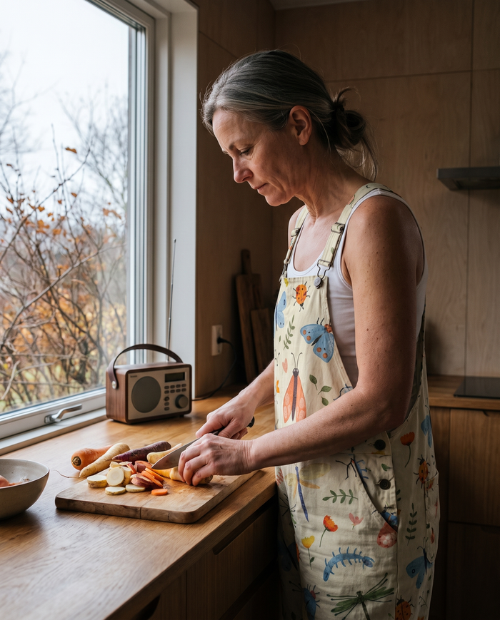 Katri printed wide-leg jumpsuit worn cooking at home