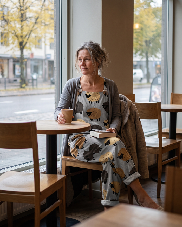 Kielo printed wide-leg jumpsuit worn at a neighbourhood cafe