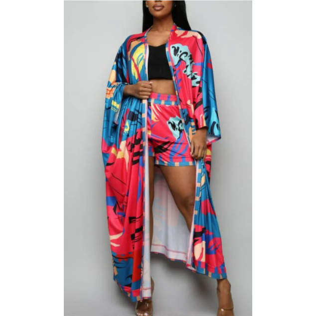 Kimono Kaftan Robe two Piece Short Set / Long Abaya + Shorts Pants Suits Dress - Alkebulan Lifestyle