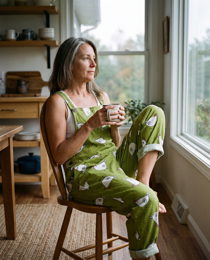 Kirsi printed wide-leg jumpsuit worn at home with tea