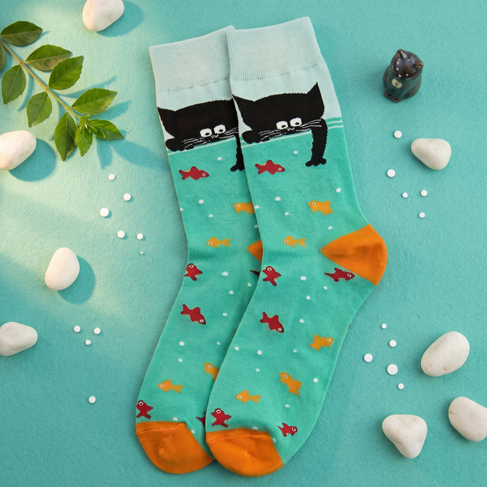Kissa aqua crew socks with a black cat over the cuff and goldfish print, flat lay with pebbles and green leaves
